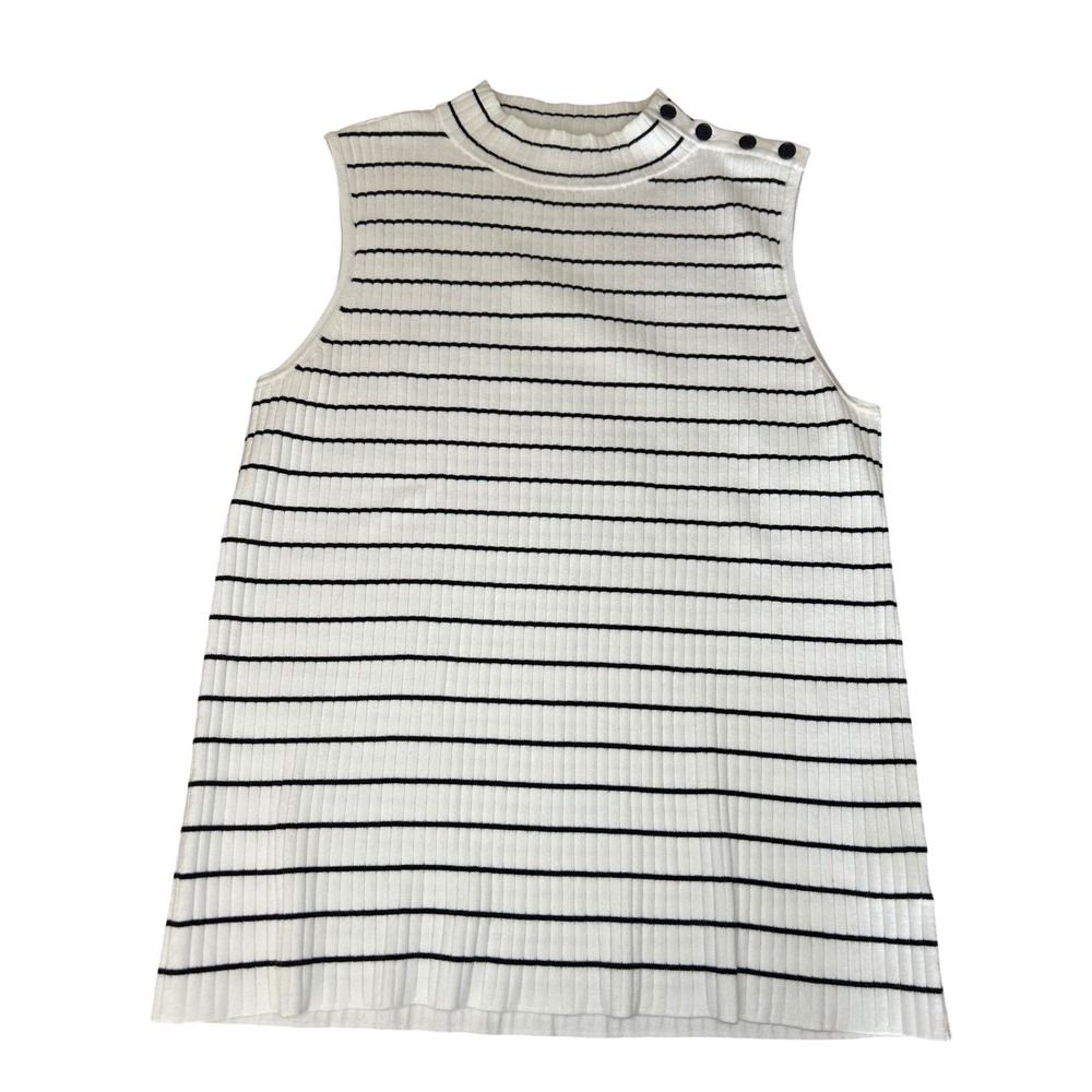 Talbots Sleeveless Ribbed MockNeck Tank Large White Black Stripe Nautical Preppy